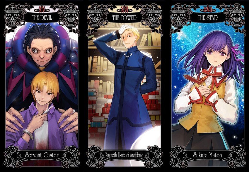 matou sakura, gilles de rais, uryuu ryuunosuke, and kayneth el-melloi archibald (fate and 2 more) drawn by riki_(elseeker)