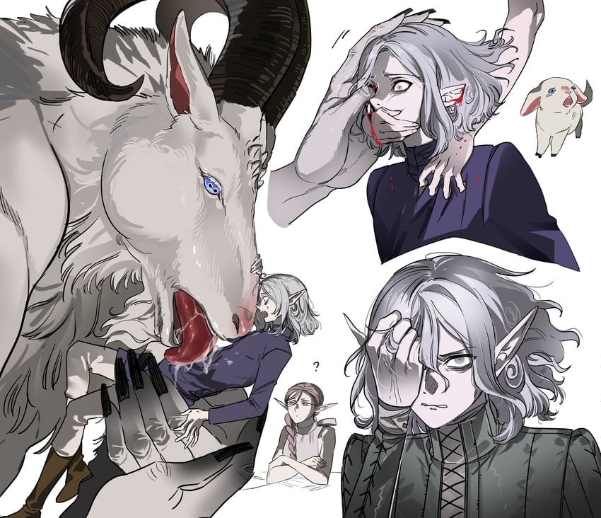 mithrun, goat, and braided ponytail lamia (dungeon meshi) drawn by oejikim