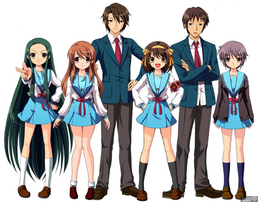 suzumiya haruhi, nagato yuki, asahina mikuru, kyon, koizumi itsuki, and 1 more (suzumiya haruhi no yuuutsu)