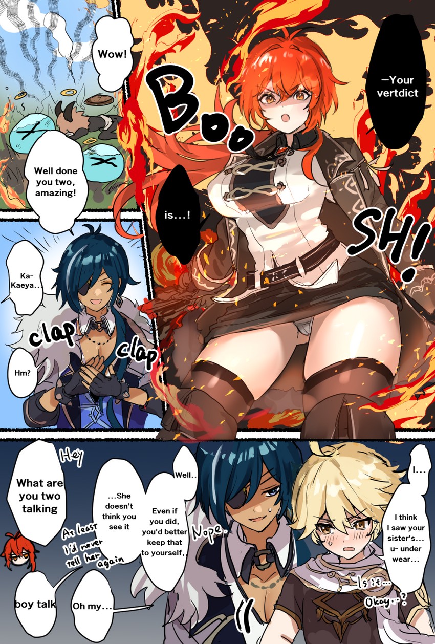 aether, diluc, kaeya, slime, and hilichurl (genshin impact) drawn by hominamia