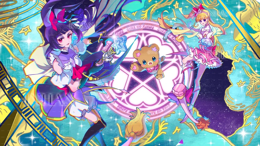 asahina mirai, izayoi liko, cure miracle, cure magical, and mofurun (precure and 1 more) drawn by inhan