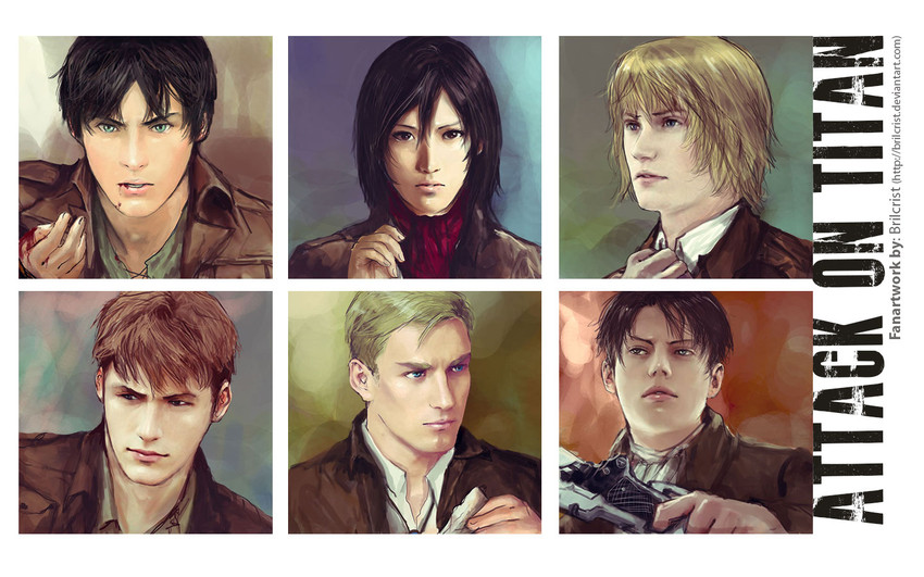 mikasa ackerman, eren yeager, levi, armin arlert, erwin smith, and 1 more (shingeki no kyojin) drawn by brilcrist