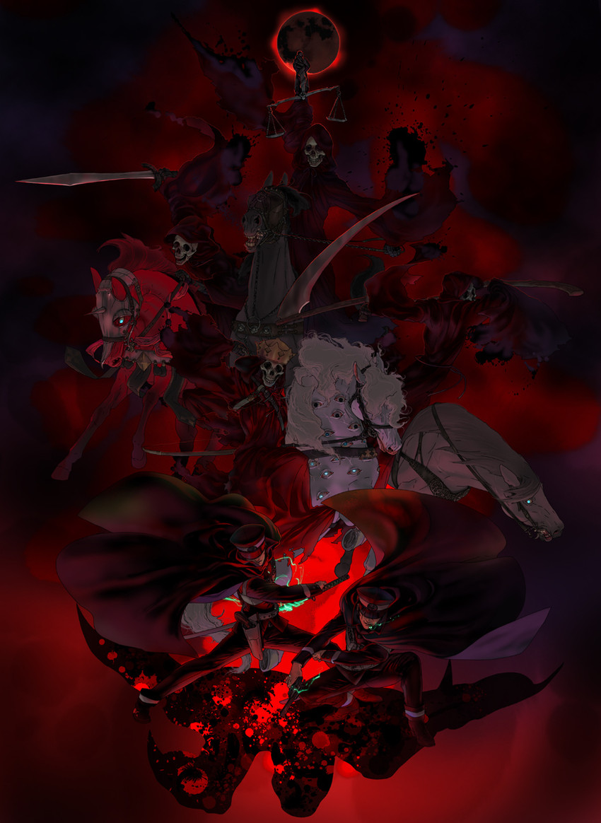 kuzunoha raidou, white rider, kuzunoha raido, pale rider, red rider, and 1 more (shin megami tensei and 1 more) drawn by furuna