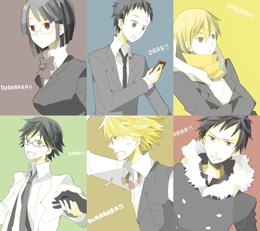 orihara izaya, sonohara anri, heiwajima shizuo, ryuugamine mikado, kida masaomi, and 1 more (durarara!!) drawn by tashite