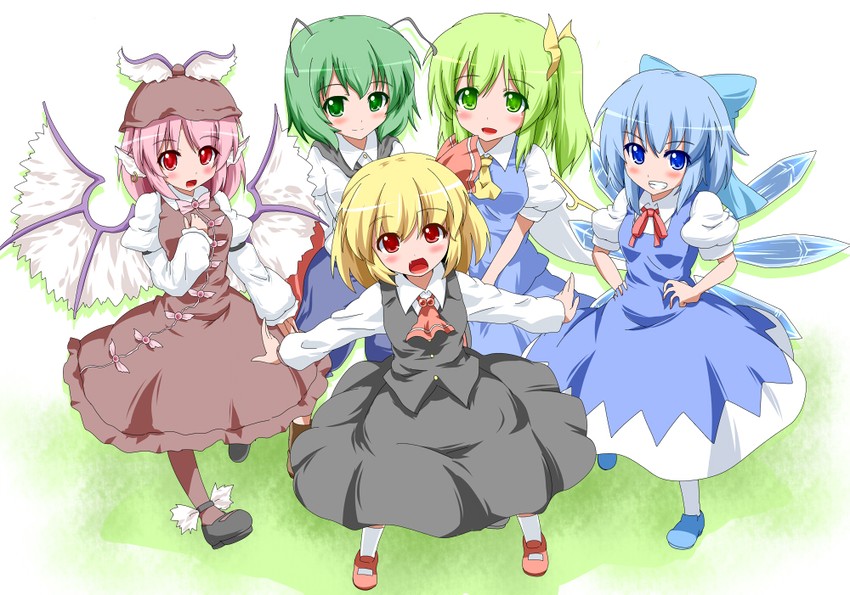 cirno, rumia, mystia lorelei, daiyousei, and wriggle nightbug (touhou) drawn by fueiku
