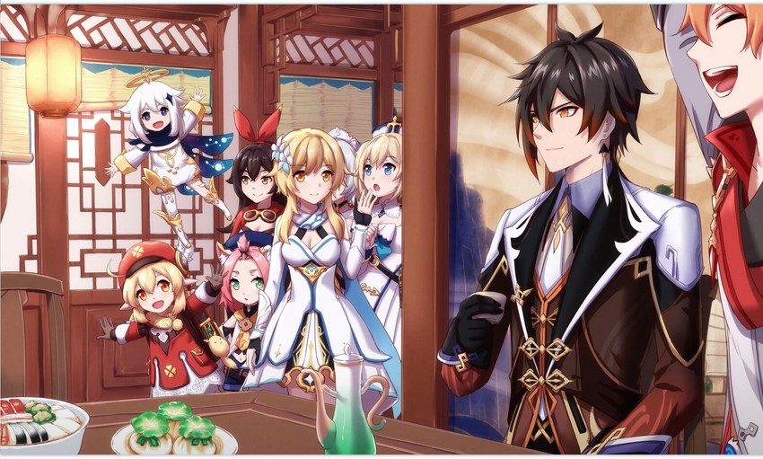 lumine, zhongli, paimon, tartaglia, klee, and 5 more (genshin impact) drawn by daidailong