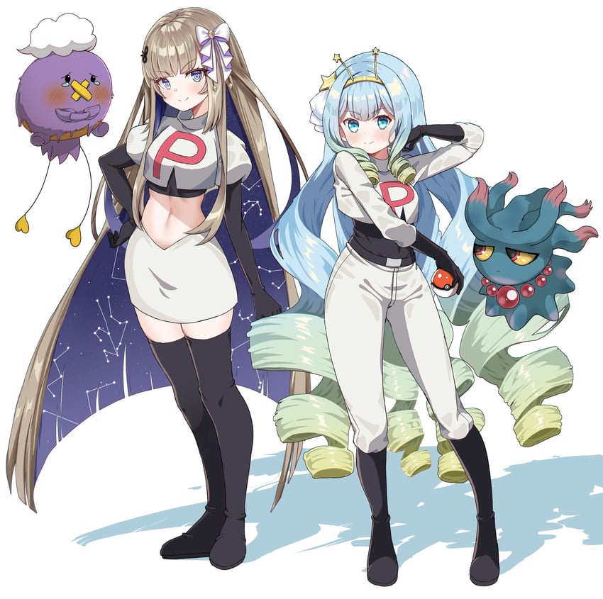 drifloon, misdreavus, team rocket grunt, amanogawa shiina, and jelly hoshiumi (pokemon and 1 more) drawn by lhofi