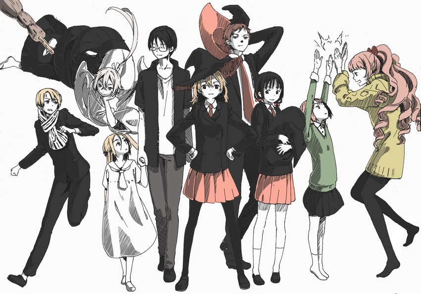 sansu mari, okuno miyo, sansu eri, kouno arisu, mitsuko, and 4 more (gendai majo zukan) drawn by tsukinowa_kousuke