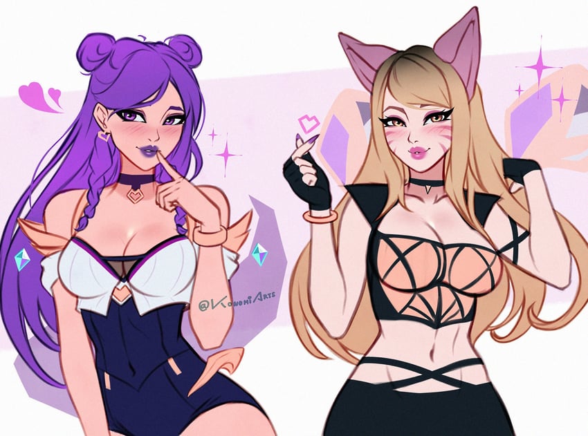 ahri, kai'sa, k/da ahri, and k/da kai'sa (league of legends) drawn by konomidraws