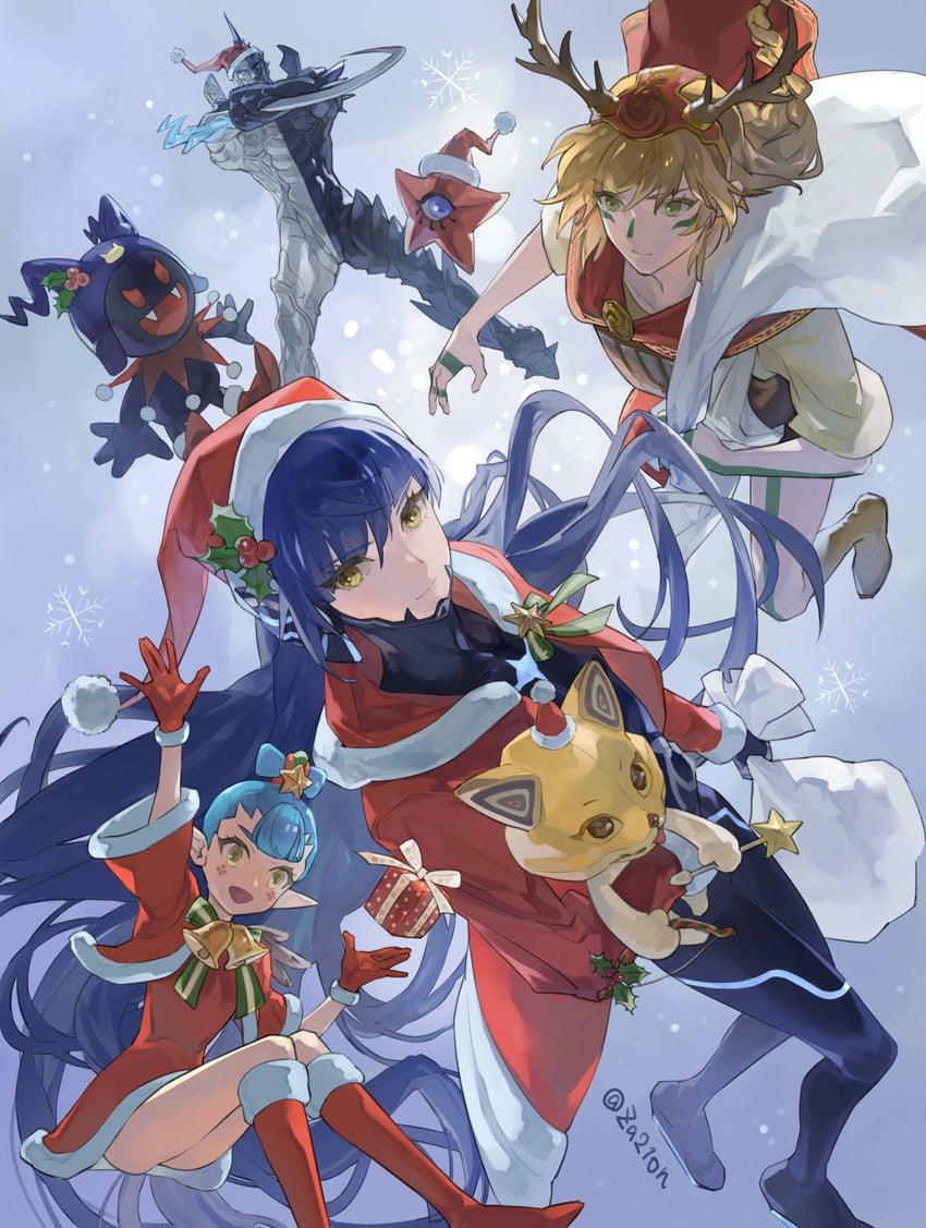 protagonist, black frost, decarabia, amanozako, zeus, and 2 more (shin megami tensei and 1 more) drawn by za210n