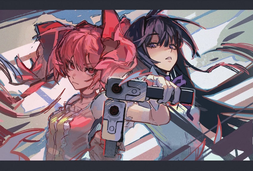 akemi homura and kaname madoka (mahou shoujo madoka magica and 2 more) drawn by dethmaid