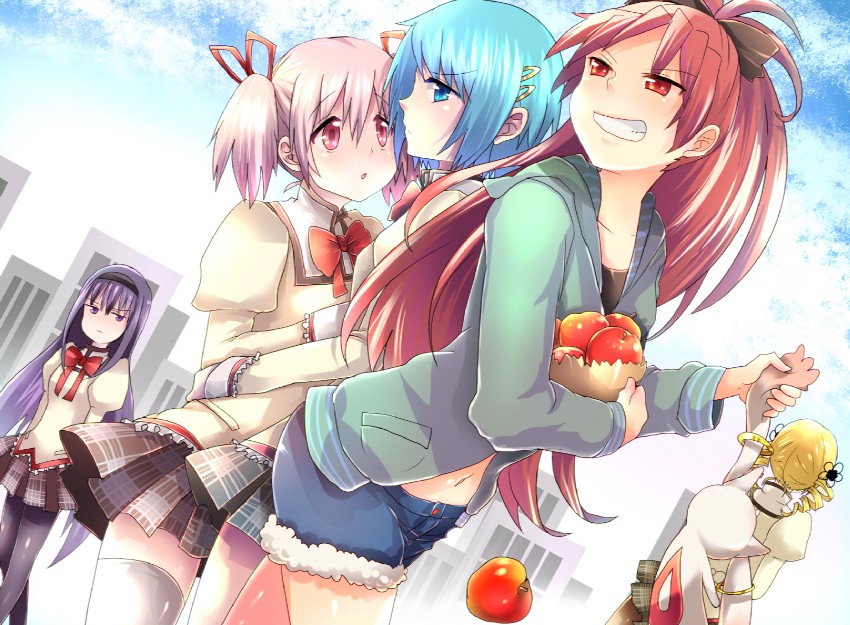 akemi homura, kaname madoka, miki sayaka, sakura kyoko, tomoe mami, and 1 more (mahou shoujo madoka magica) drawn by kisarashii