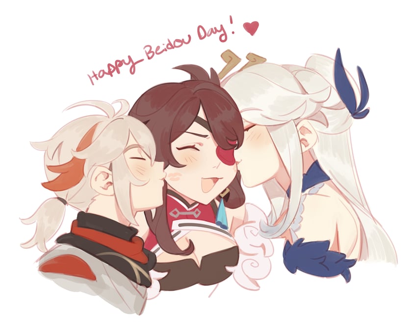 kaedehara kazuha, ningguang, and beidou (genshin impact) drawn by lilyglazed