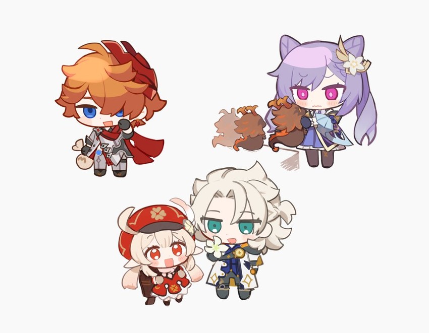 zhongli, keqing, tartaglia, klee, and albedo (genshin impact) drawn by hou_(ppo)