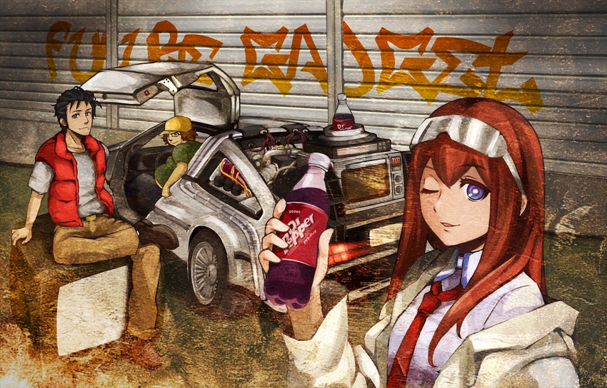 makise kurisu, okabe rintarou, hashida itaru, marty mcfly, and emmett brown (steins;gate and 1 more) drawn by anpei_kaneshiro