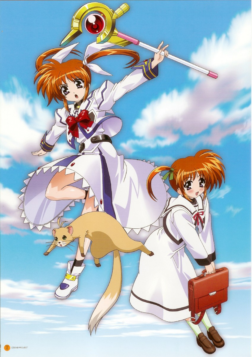 takamachi nanoha, raising heart, and yuuno scrya (lyrical nanoha and 1 more) drawn by okuda_yasuhiro