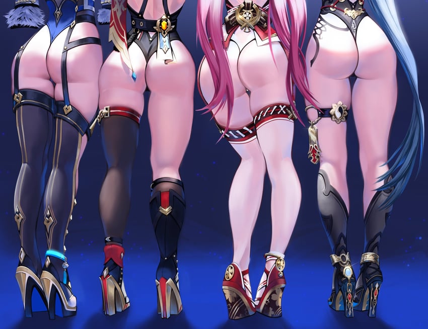 yae miko, yelan, topaz, and hanya (genshin impact and 3 more) drawn by lunart
