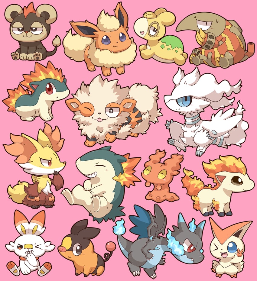 charizard, scorbunny, flareon, tepig, arcanine, and 11 more (pokemon) drawn by 2027_(submarine2027)