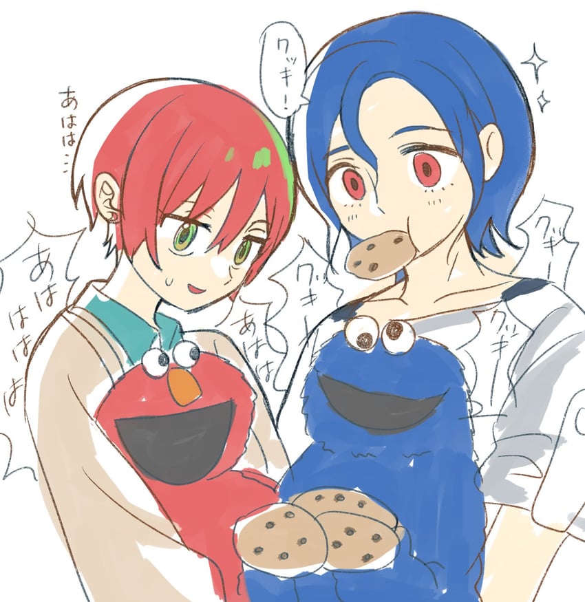 amate yuzuriha, shuji ito, elmo, and cookie monster (gundam and 2 more) drawn by turumiya_s
