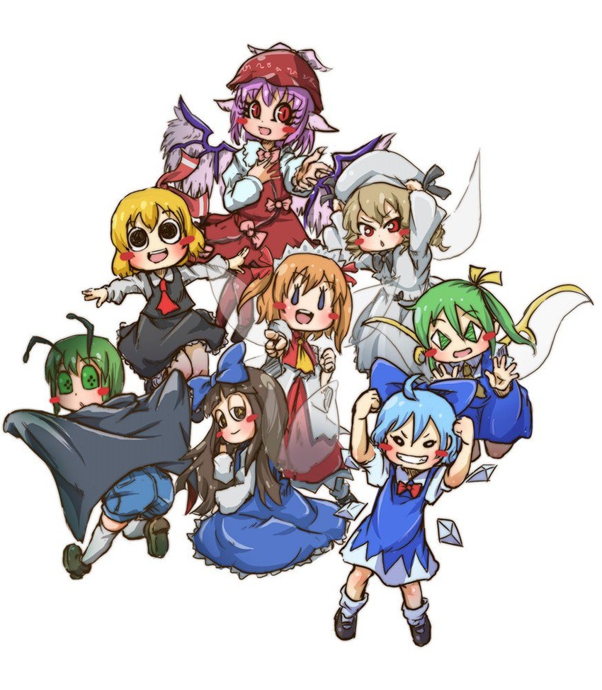 cirno, rumia, mystia lorelei, daiyousei, wriggle nightbug, and 3 more (touhou) drawn by chamaji