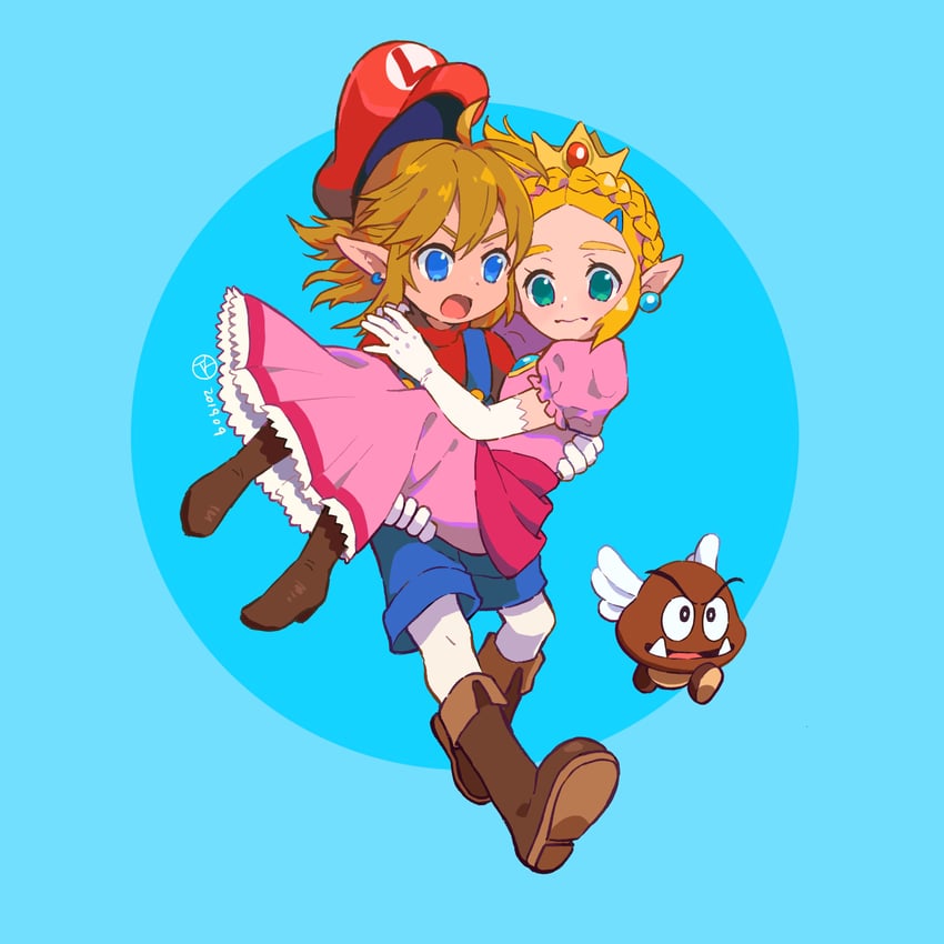 link, princess zelda, princess peach, mario, and paragoomba (the legend of zelda and 2 more) drawn by rutiwa