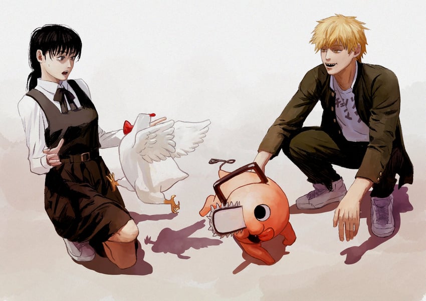 denji, mitaka asa, pochita, and bucky (chainsaw man) drawn by itou_satoshi