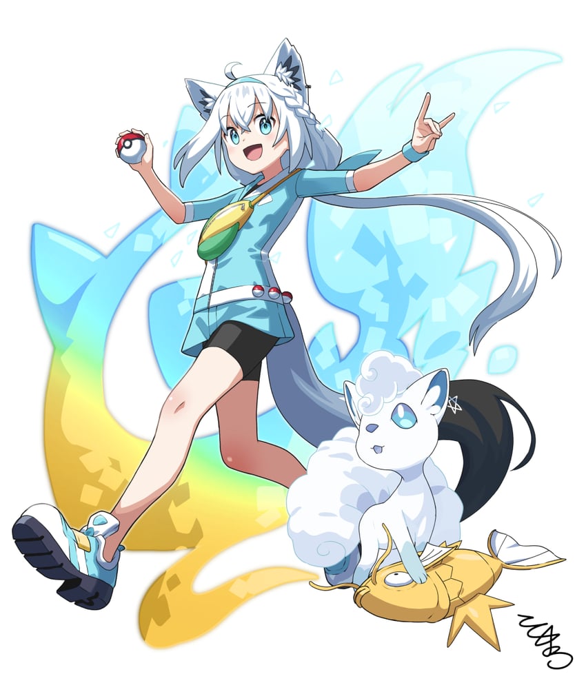 shirakami fubuki, alolan vulpix, vulpix, and magikarp (pokemon and 1 more) drawn by tokumaro