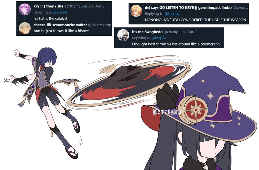 scaramouche, aether, mona, and albedo (genshin impact) drawn by emaiiyaru