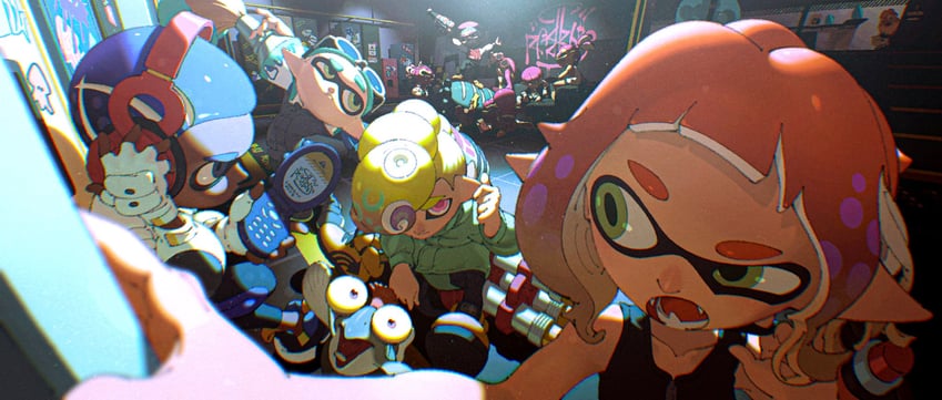 inkling player character, inkling girl, octoling player character, inkling boy, octoling boy, and 2 more (splatoon and 1 more) drawn by fujimoto_gold