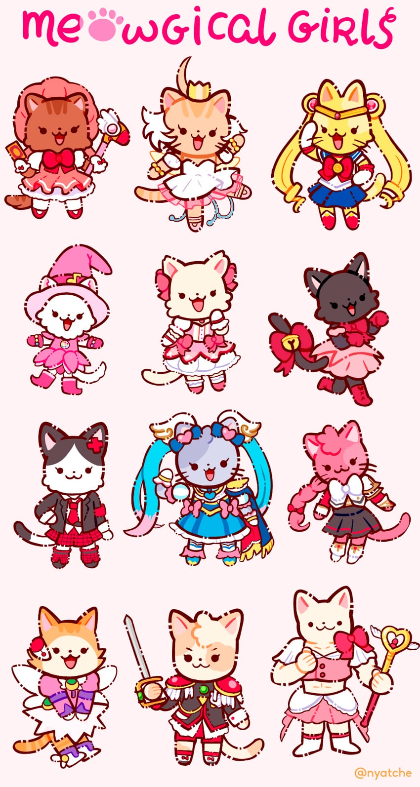 kaname madoka, kinomoto sakura, tsukino usagi, sailor moon, cure sky, and 10 more (mahou shoujo madoka magica and 12 more) drawn by nyatche