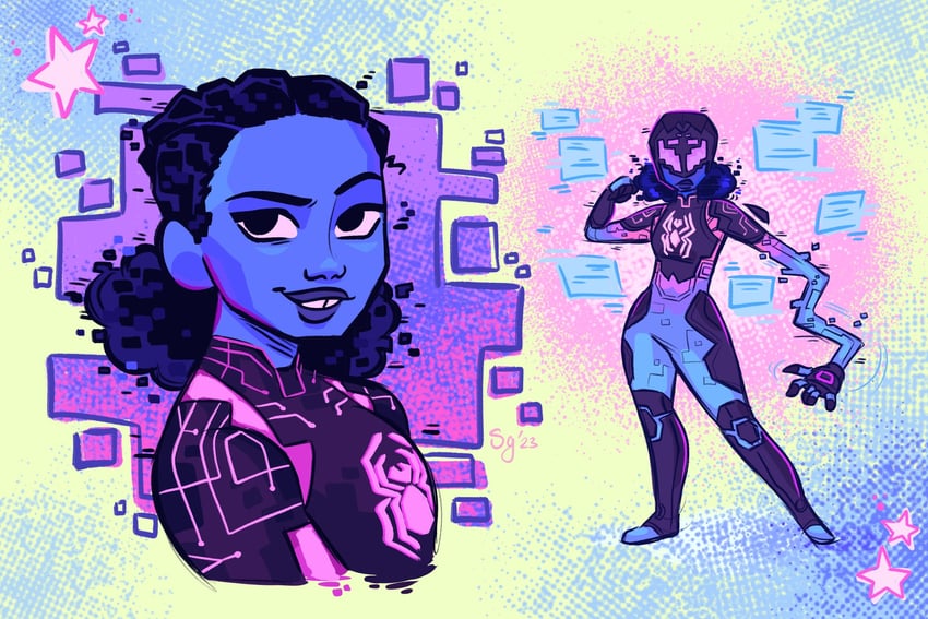 spider-byte and margo kess (marvel and 3 more) drawn by xeebss
