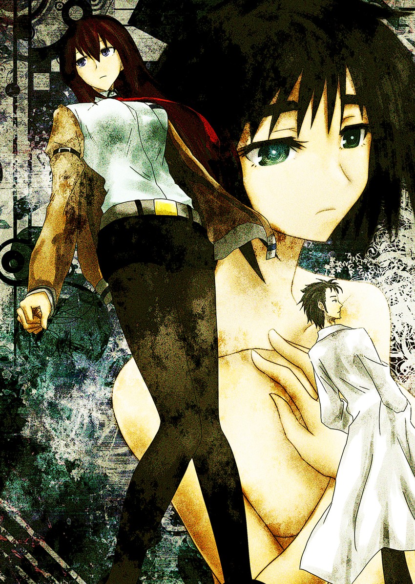 makise kurisu, okabe rintarou, and shiina mayuri (steins;gate) drawn by watarui