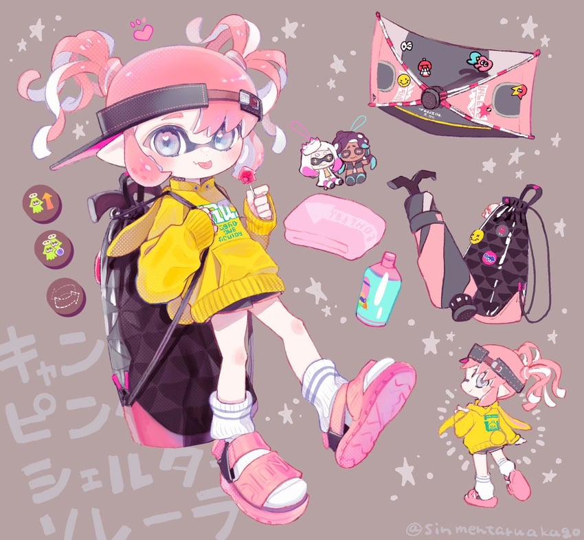 inkling player character, inkling girl, marina, and pearl (splatoon) drawn by amezawa_koma
