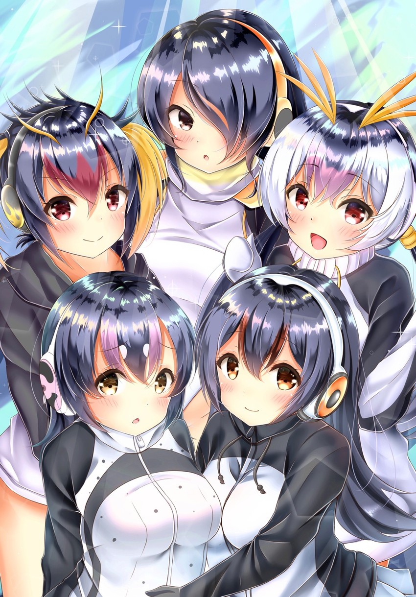 emperor penguin, humboldt penguin, royal penguin, rockhopper penguin, and gentoo penguin (kemono friends) drawn by inahori