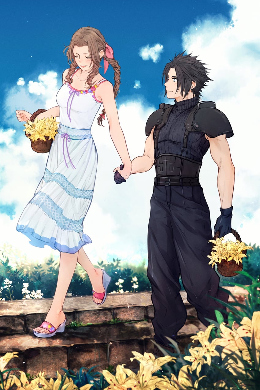 aerith gainsborough and zack fair (final fantasy and 3 more) drawn by maiii_(smaii_i)