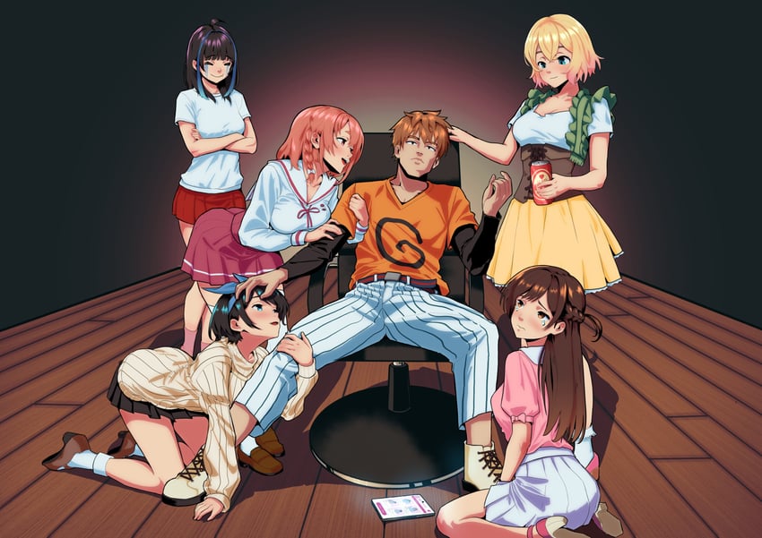 mizuhara chizuru, sarashina ruka, sakurasawa sumi, nanami mami, kinoshita kazuya, and 1 more (kanojo okarishimasu) drawn by santiagodraws