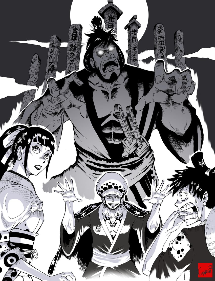 monkey d. luffy, trafalgar law, kikunojo, and kinemon (one piece) drawn by garth2the2ndpower