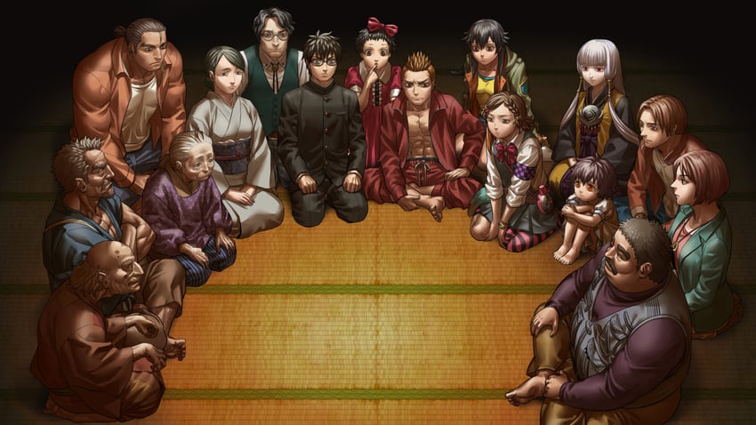 serizawa chiemi, fusaishi haruaki, uematsu rikako, makishima haru, kamoshida chikamochi, and 11 more (raging loop) drawn by kagelow