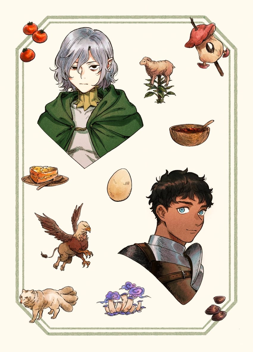 mithrun, kabru, walking mushroom, shapeshifter, and barometz (dungeon meshi) drawn by y_milou