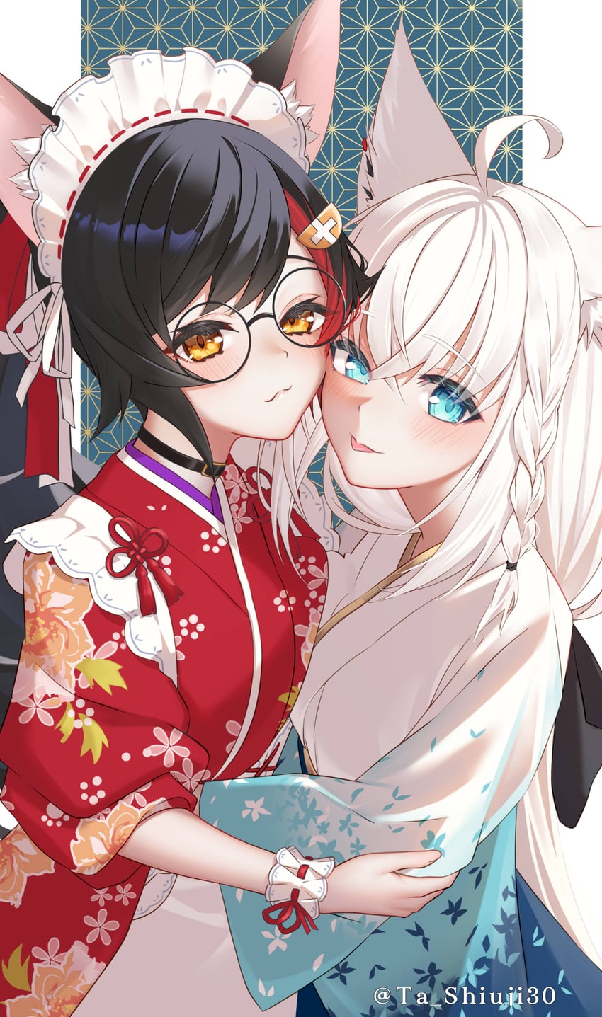 shirakami fubuki and ookami mio (hololive) drawn by ta_shiuji30