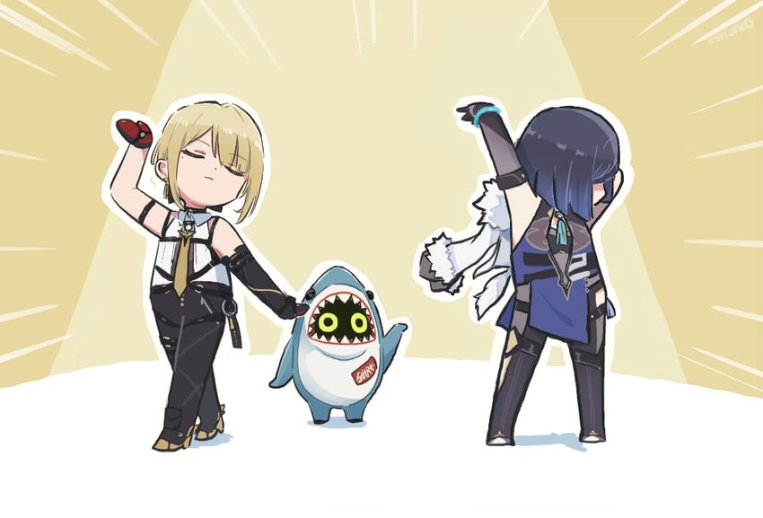 yelan, evelyn chevalier, and sharkboo (genshin impact and 2 more) drawn by xinzoruo