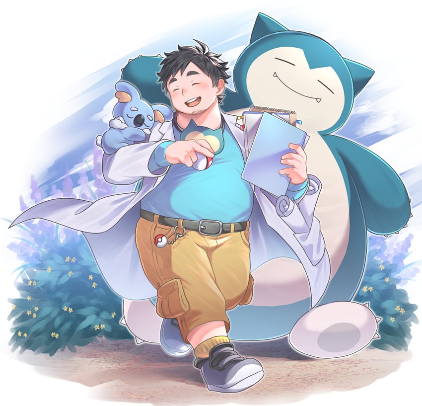 snorlax, professor neroli, and komala (pokemon and 1 more) drawn by osu_(osumankokuou)