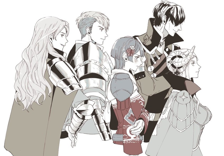 edelgard von hresvelg, bernadetta von varley, hubert von vestra, ferdinand von aegir, and caspar von bergliez (fire emblem and 1 more) drawn by krazehkai
