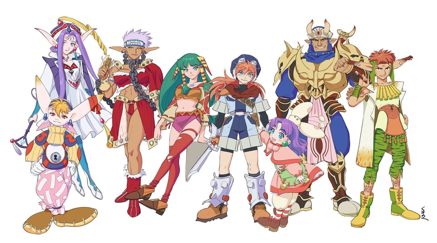 feena, justin, sue, puui, liete, and 4 more (grandia and 1 more) drawn by poppoqo