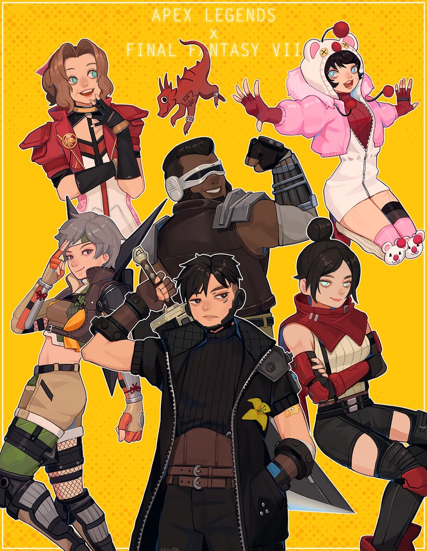 cloud strife, aerith gainsborough, yuffie kisaragi, wattson, moogle, and 14 more (final fantasy and 4 more) drawn by namjak