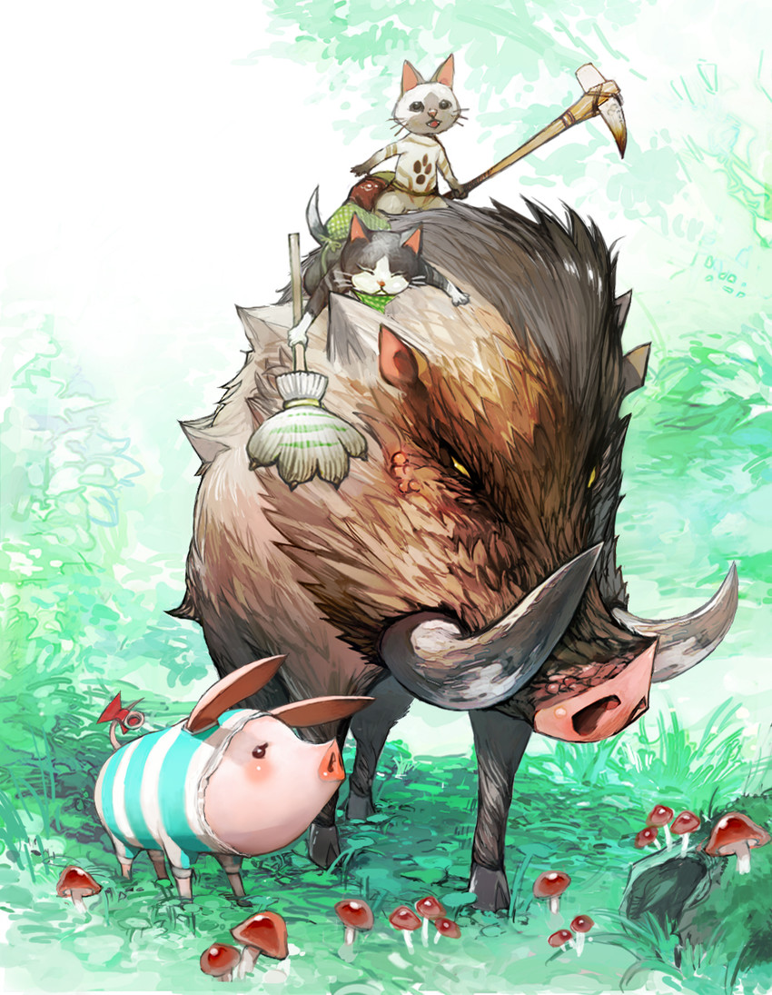 felyne, melynx, poogie, and bullfango (monster hunter) drawn by tifa18