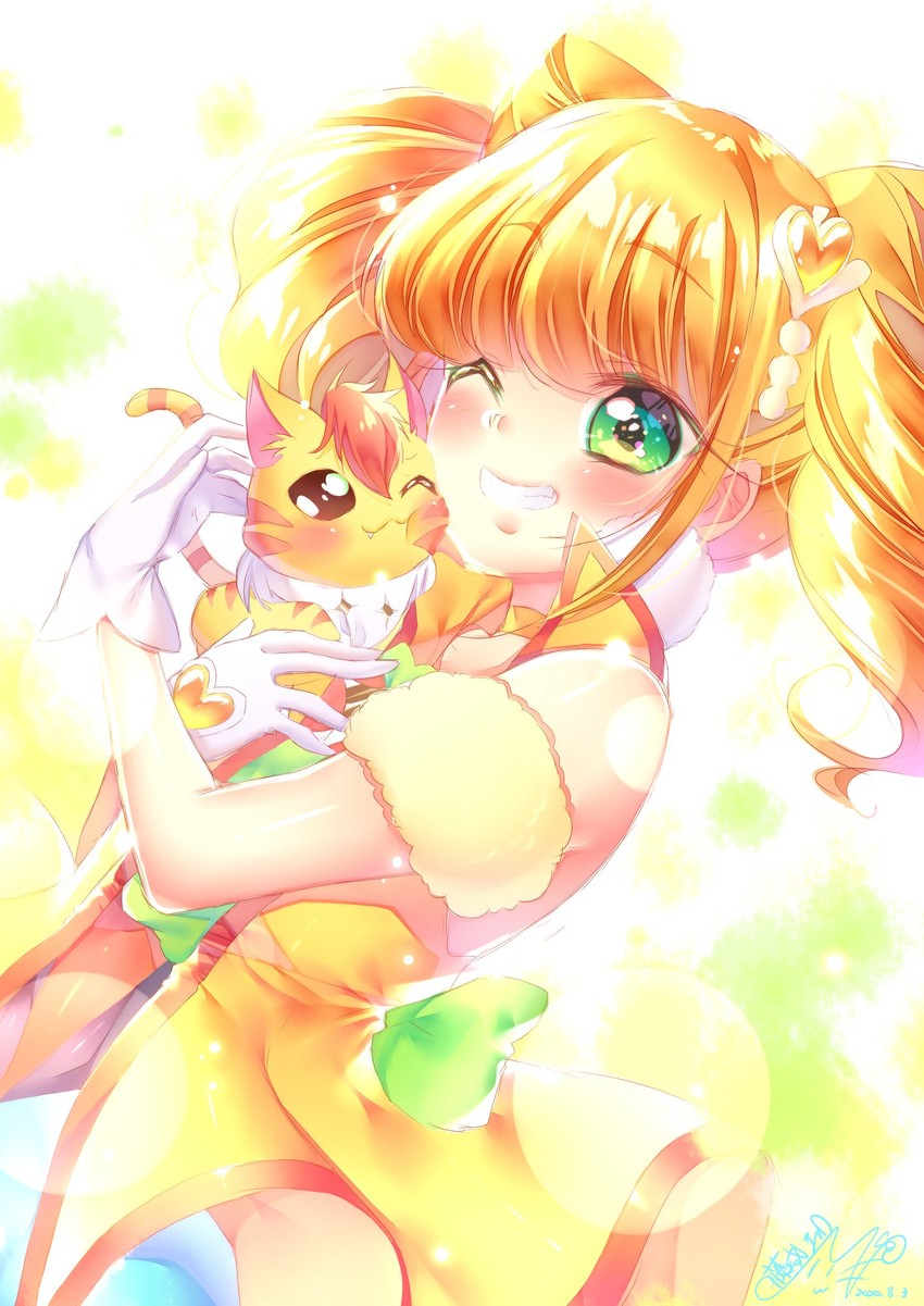hiramitsu hinata, cure sparkle, and nyatoran (precure and 1 more) drawn by touki_matsuri