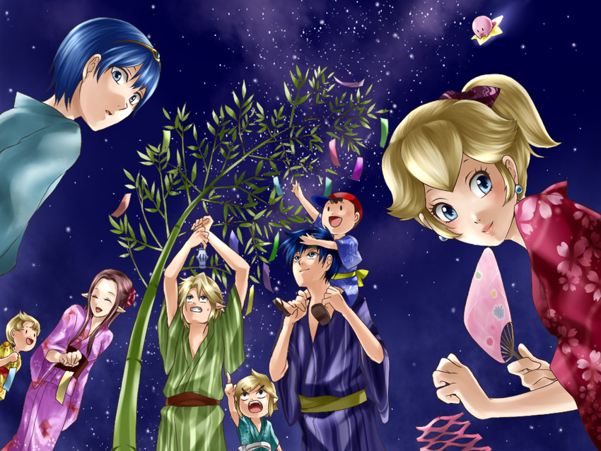 link, princess zelda, kirby, princess peach, ike, and 4 more (fire emblem and 11 more) drawn by wasabi_(legemd)