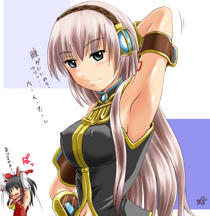 hakurei reimu and megurine luka (touhou and 1 more) drawn by homare_(suzu_no_oka)