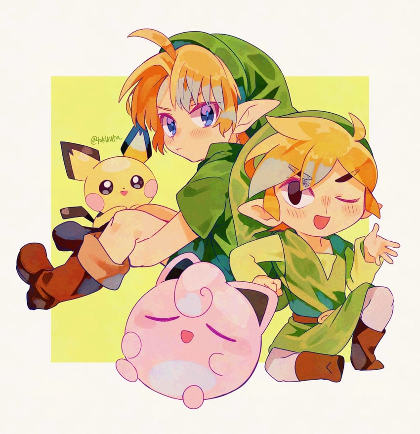 link, jigglypuff, pichu, and toon link (pokemon and 4 more) drawn by tokuura